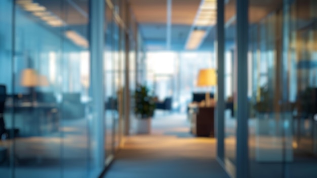 Blur background of office setup with rows of desks and natural lighting spate