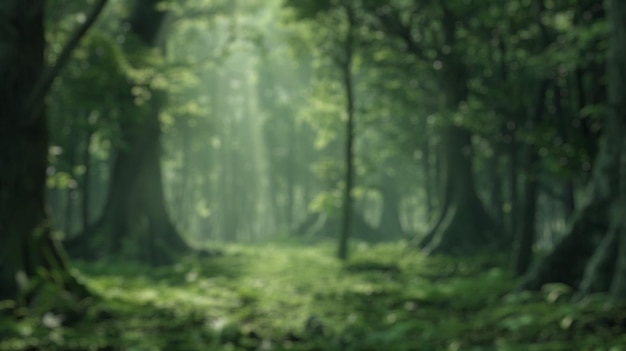 Blur background of sunlight filtering through a dense green forest Spate