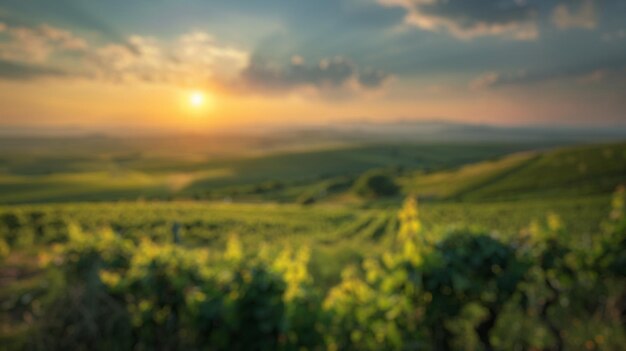 Photo blur background of sunset shine over lush vineyards with rolling hills spate