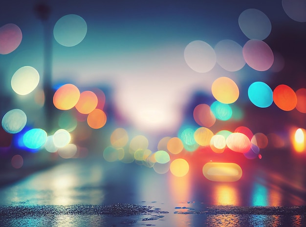 Blur bokeh night city street colorful after rain wet asphalt road light color reflection for background