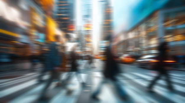 blur business people crossing a street in city with many skyscrapers background