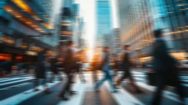 blur business people crossing a street in city with many skyscrapers background