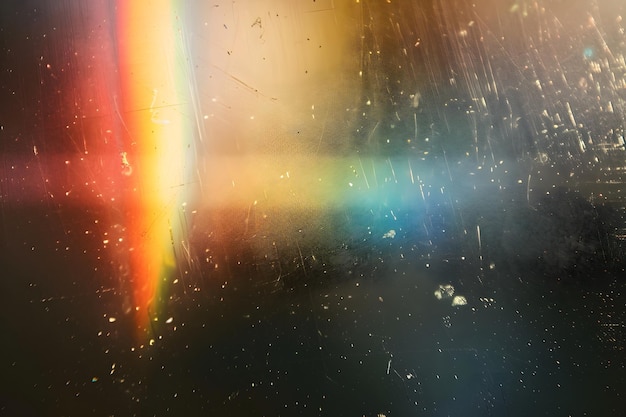 Photo blur colorful warm rainbow light leaks on black background with dust texture defocused abstract