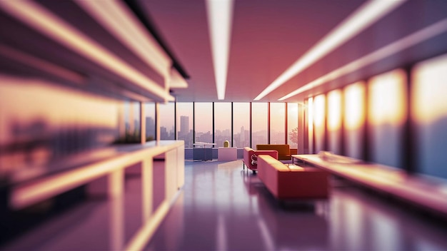 Blur hotel or office lobby background interior view toward reception hall modern luxury white room