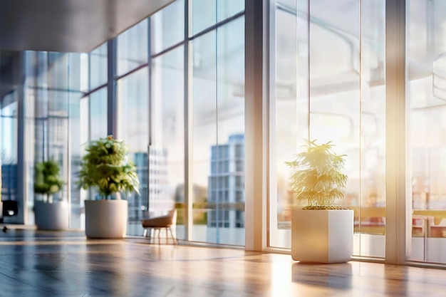 Blur hotel or office lobby background interior view toward reception hall modern luxury white room