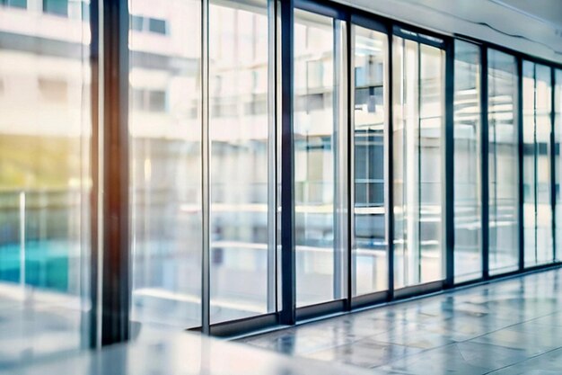 Blur hotel or office lobby background interior view toward reception hall modern luxury white room