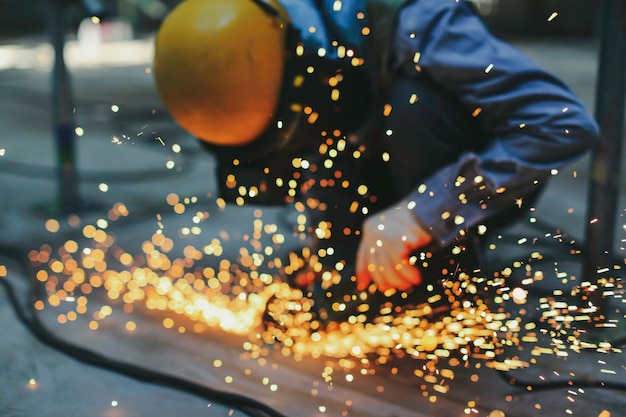 Blur male worker grinding on steel plate with flash of sparks close up wear protective gloves