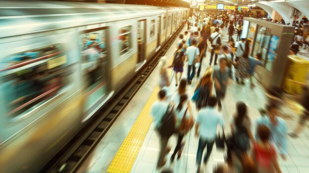 Blur of motion as hurried commuters navigate the underground rush hour