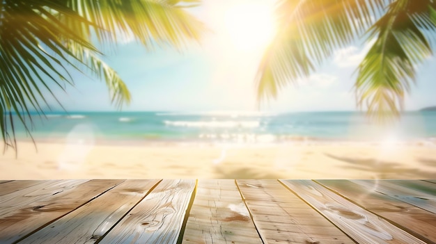 Blur Tropical summer beach with sun light abstract background and wood table for mon Generative AI