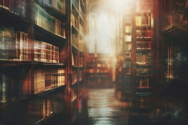 Blurred abstract library background with bookshelves cozy academic atmosphere