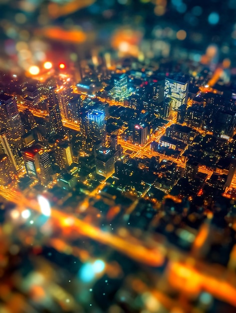 Blurred Aerial View of City Lights at Night