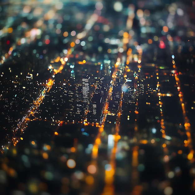 Blurred Aerial View of City Lights at Night