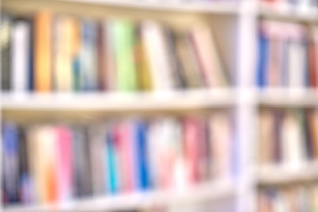 Blurred background of book shelves in a store or school library for copy space Defocused view of educational material or fictional entertainment for reading and knowledge in community center or swap