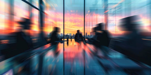 Blurred background of a business meeting or conference room with focus on blurred people in silhouette sitting at a table and documents with a motion blur effect