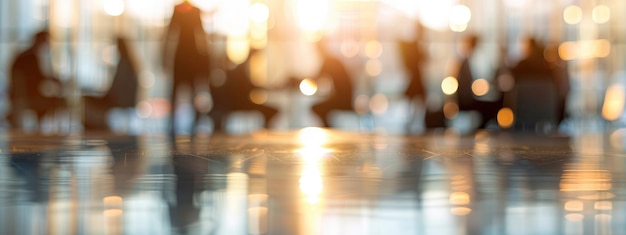 Blurred background of a business meeting or conference room with focus on blurred people in silhouette sitting at a table and documents with a motion blur effect