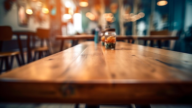 Blurred background of a cafe or restaurant features an empty wooden table Generative AI