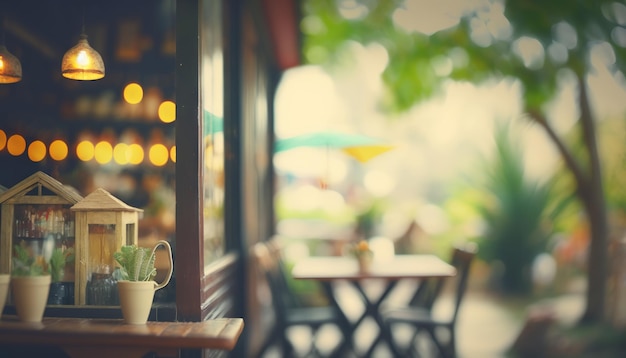 Blurred background coffee shop in garden blur background with bokeh Generative ai