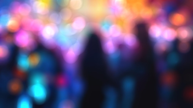 Photo blurred background of a dance club or nightlife scene with vibrant multicolor bokeh lights