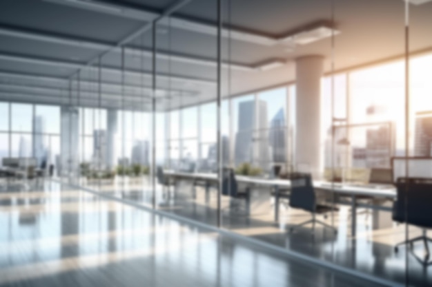 Blurred background of Empty Office With Glass Walls and City View