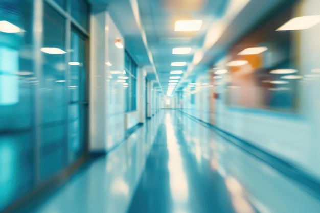 Photo blurred background of a hospital corridor with panoramic windows and lights abstract medical backdrop for design or copy space