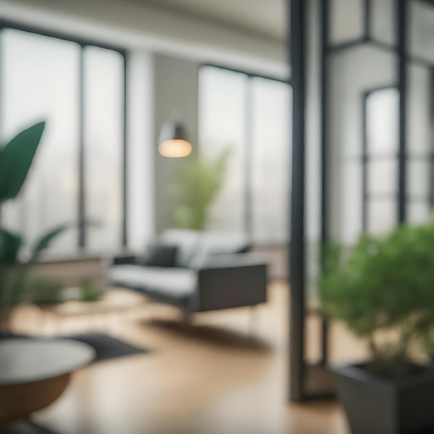 blurred background of a light modern office interior with panoramic windows and beautiful lighting