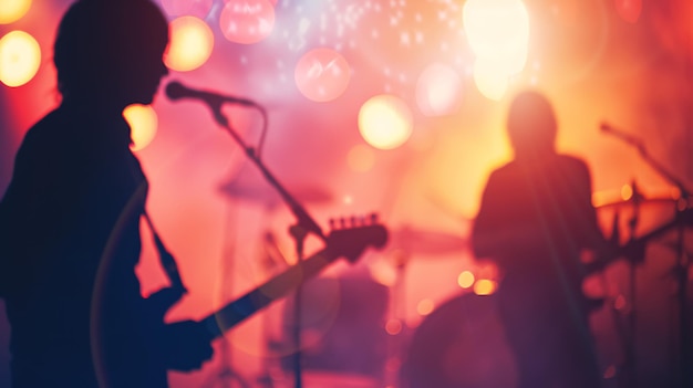 Photo blurred background light at a rock concert with silhouettes of musicians