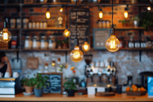 Photo blurred background of modern cafe interior with hanging edison light bulbs