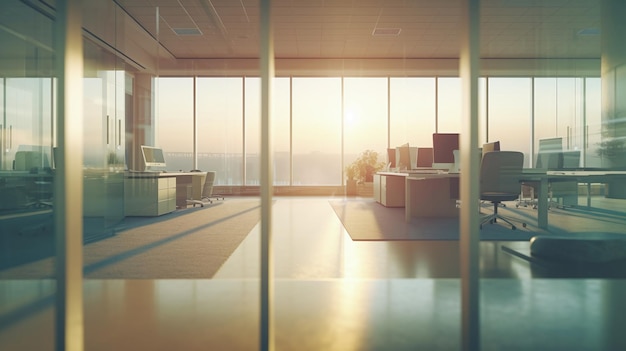 Blurred background of a modern office interior with panoramic windows Generative AI Technology