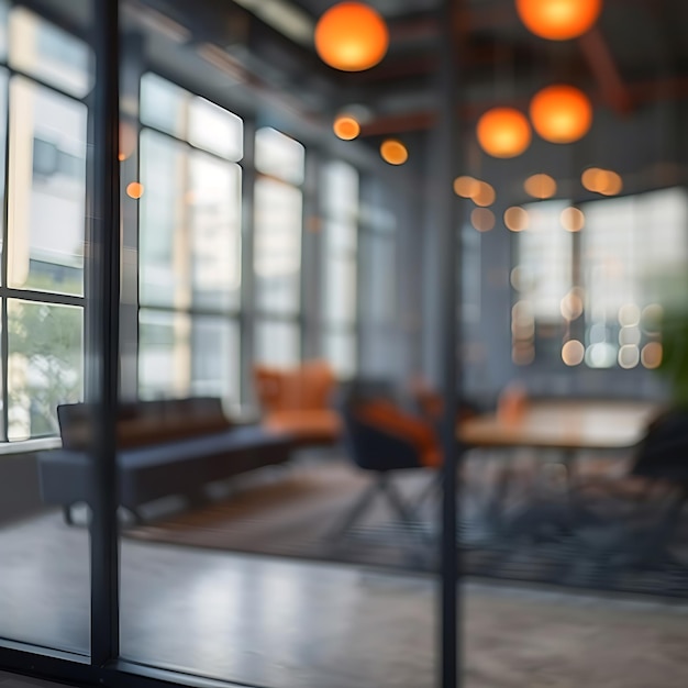 Blurred background of a modern office lobby with orange armchairs