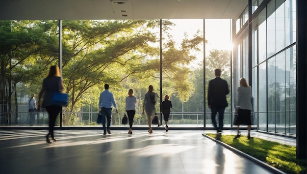 Photo blurred background of people walking in a modern office building with green trees and sunlight eco