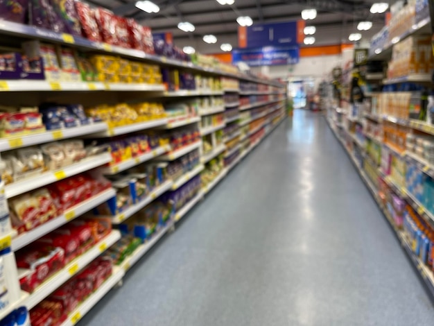 Blurred background shot of supermarket aisle full of foods