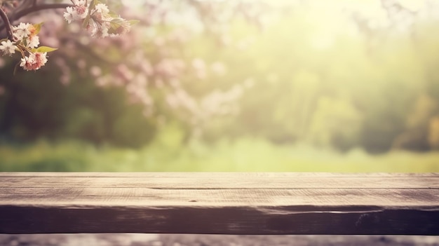 Blurred background of spring background an empty wooden board