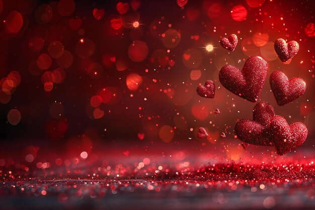 Photo blurred background with red hearts for valentines day love concept abstract blurred bokeh of hear