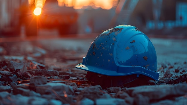 Blurred blue safety helmet and the blueprint at construction site