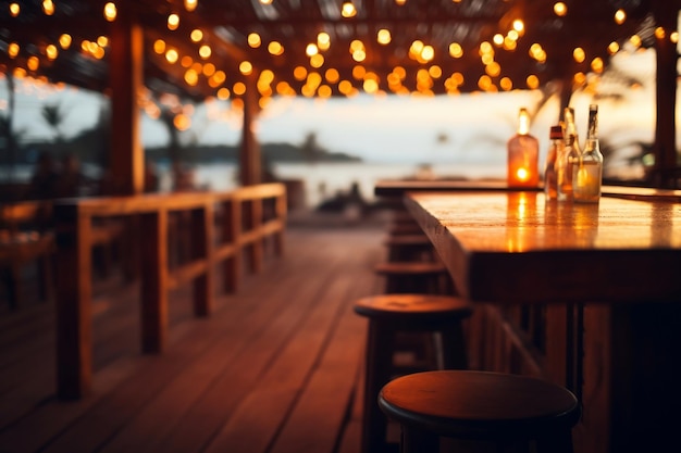 The blurred bokeh of a beach bar restaurant at sunset Generative Ai