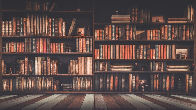 Blurred bookshelf Many old books in a book shop or library