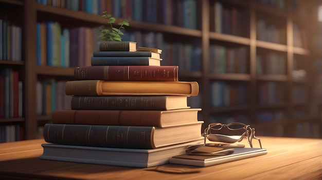 Blurred bookshelves and open books on light table in library below