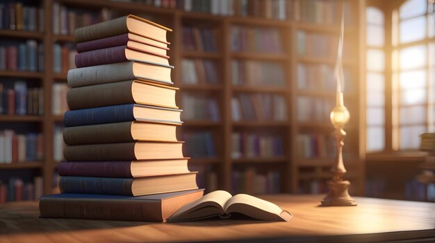 Photo blurred bookshelves and open books on light table in library below