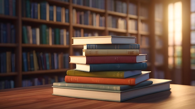 Blurred bookshelves and open books on light table in library below