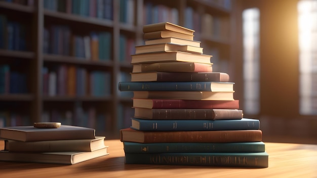 Blurred bookshelves and open books on light table in library below