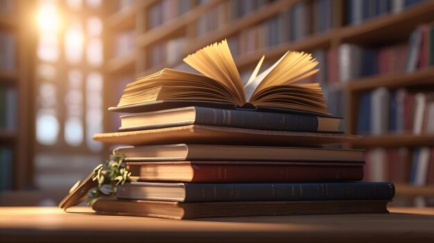 Photo blurred bookshelves and open books on light table in library below