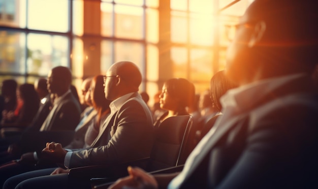 Blurred business conference background Lots of people in business suits Sun glare Blur banner AI