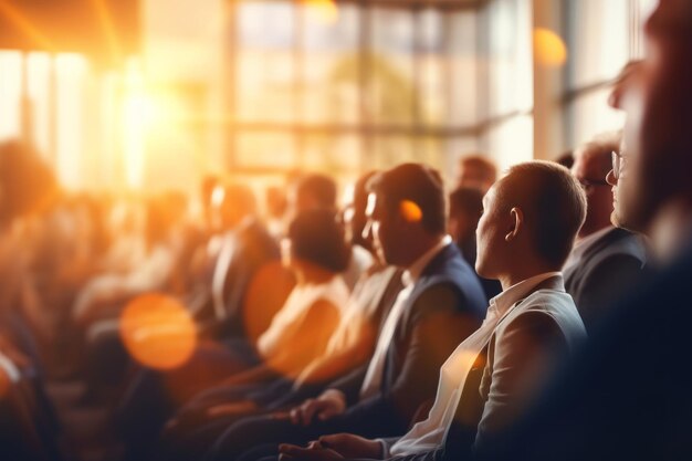 Blurred business conference background Lots of people in business suits Sun glare Blur banner AI