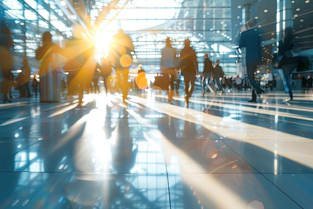 Blurred business people rushing at a trade fair hall or hitech airport with sunlight