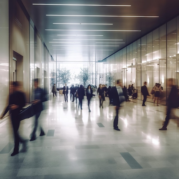 Blurred business people walking in a modern hall