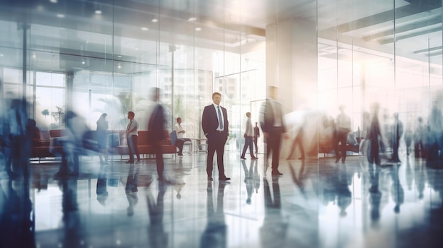 Blurred business people in white glass office background Generative AI illustrator