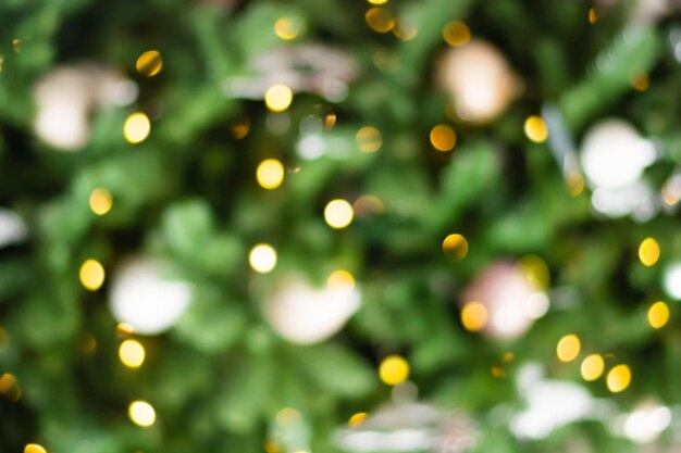 Blurred Christmas background (Bokeh), lights on a Christmas tree decorated with balls.