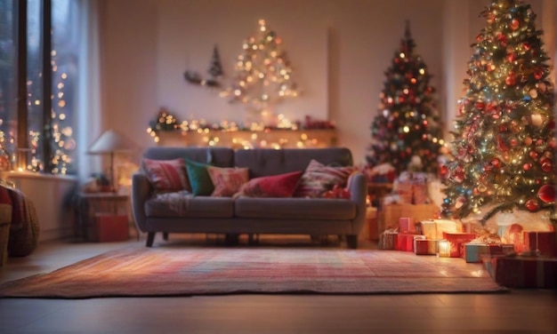 Blurred Christmas living room with tree gifts boxs and colorful lights