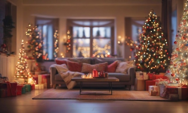 Blurred Christmas living room with tree gifts boxs and colorful lights