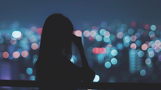 Blurred city lights backdrop with a girls dark